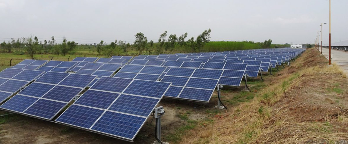 Photo illustration d'un champ de panneaux photovoltaïques.
